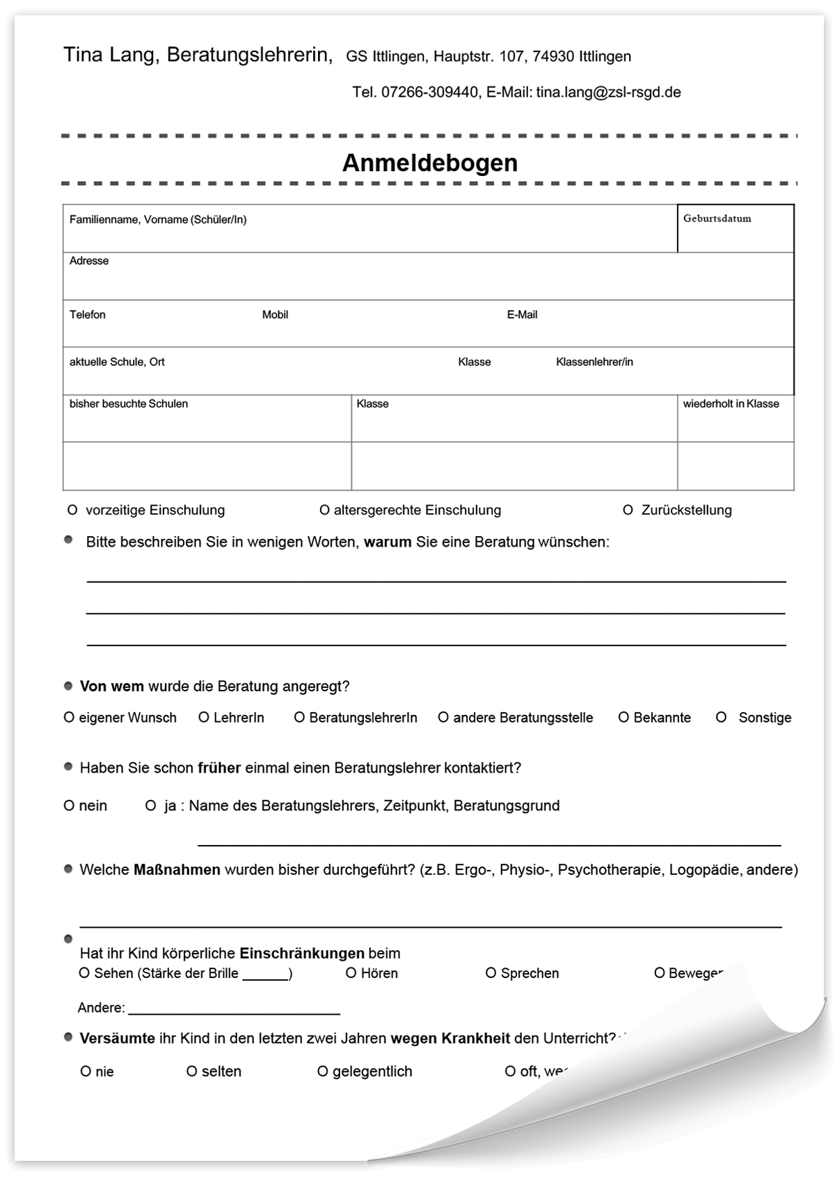 Anmeldebogen zur Beratung mit der Beratungslehrerin