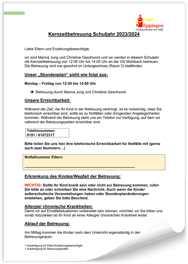 Formular "Kernzeitbetreuung Schuljahr 2023/2024"