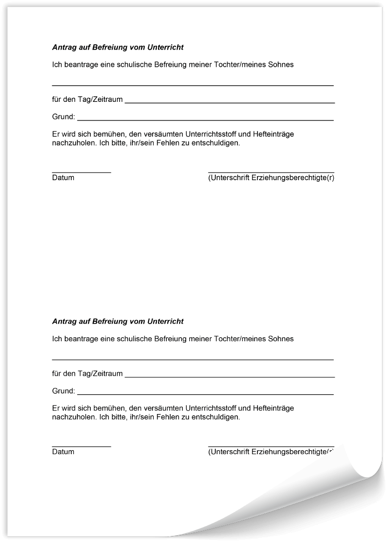 Formular "Antrag auf Befreiung vom Unterricht"