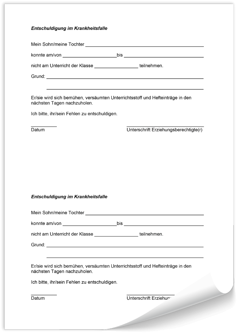 Formular "Entschuldigung im Krankheitsfalle"